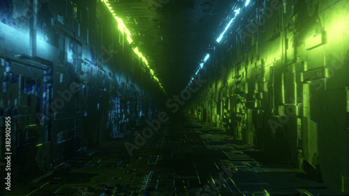 Endless flight in a futuristic metal corridor with neon lighting. Technology and future concept. Modern blue green light spectrum 3d illustration
