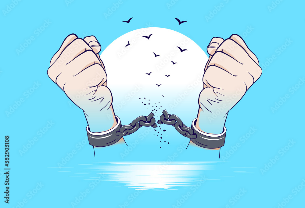 Break free - Two hand braking chains and birds flying in background ...