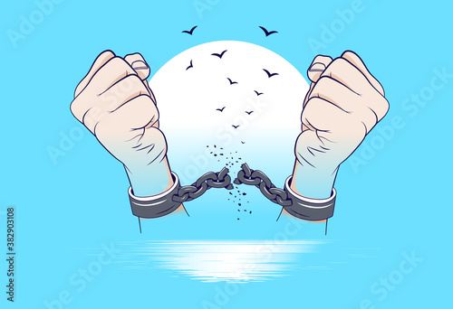 Break free - Two hand braking chains and birds flying in background. Freedom, free will and personal growth concept. Vector illustration.