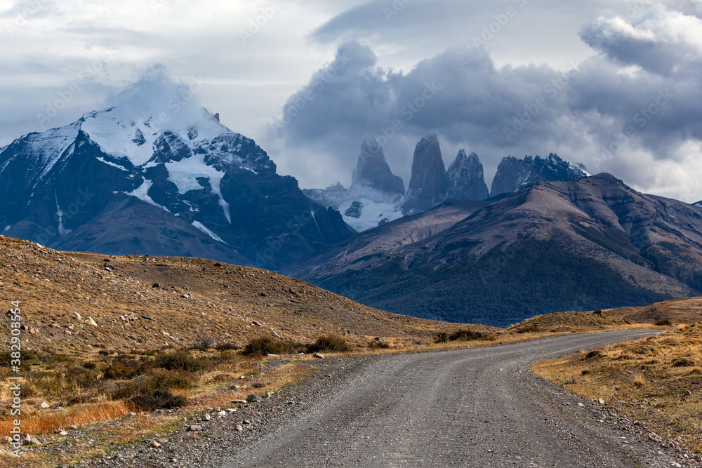 Road to Torres del Paine mountain range. High quality photo