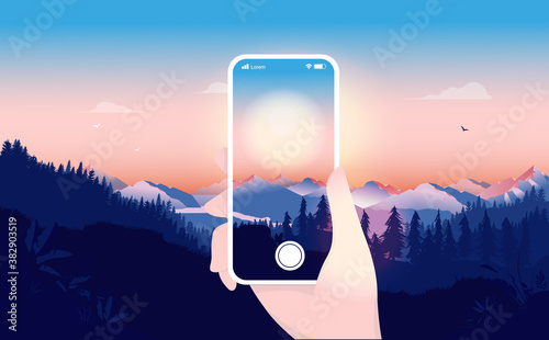Taking nature photo with phone - Hand holding a white smartphone taking pictures of sunrise. Cellphone photography, capturing nature beauty and hobby photographer concept. Vector illustration.