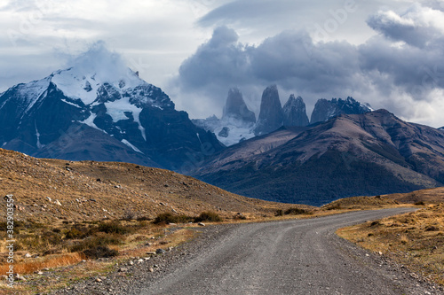 Road to Torres del Paine mountain range. High quality photo