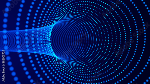Abstract tunnel of dots and lines. 3D wormhole with a mesh structure. Vortex. 3d rendering