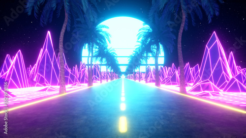 80s retro futuristic sci-fi. Retrowave VJ videogame landscape, neon lights and low poly terrain grid. Stylized vintage vaporwave 3d illustration background with mountains, sun and stars. photo