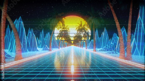 Fototapeta Naklejka Na Ścianę i Meble -  80s retro futuristic sci-fi. Retrowave VJ videogame landscape, neon lights and low poly terrain grid. Stylized vintage vaporwave 3d illustration background with mountains, sun and stars.