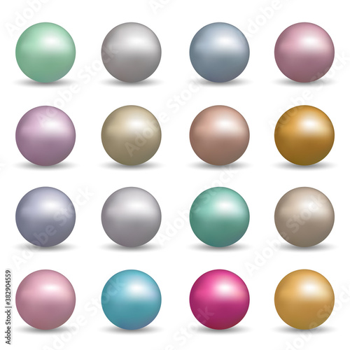 Set of pearl silver, pink, gold, blue and violet 3d spheres isolated on white background. Vector illustration