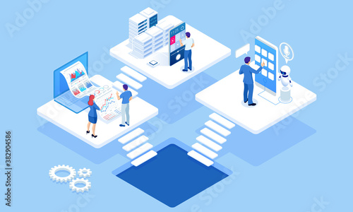 Isometric concept of business analysis, analytics, research, strategy statistic, planning, marketing, study of performance indicators. Investment in securities, smart investment