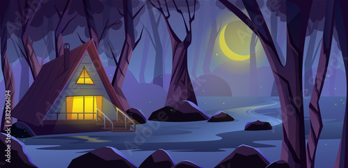 Wooden cottage house in night forest, on the edge of a swamp. Light in the windows. Fireflies in deep forest with Scary trees. Witch house in fantasy game background, Vector illustration