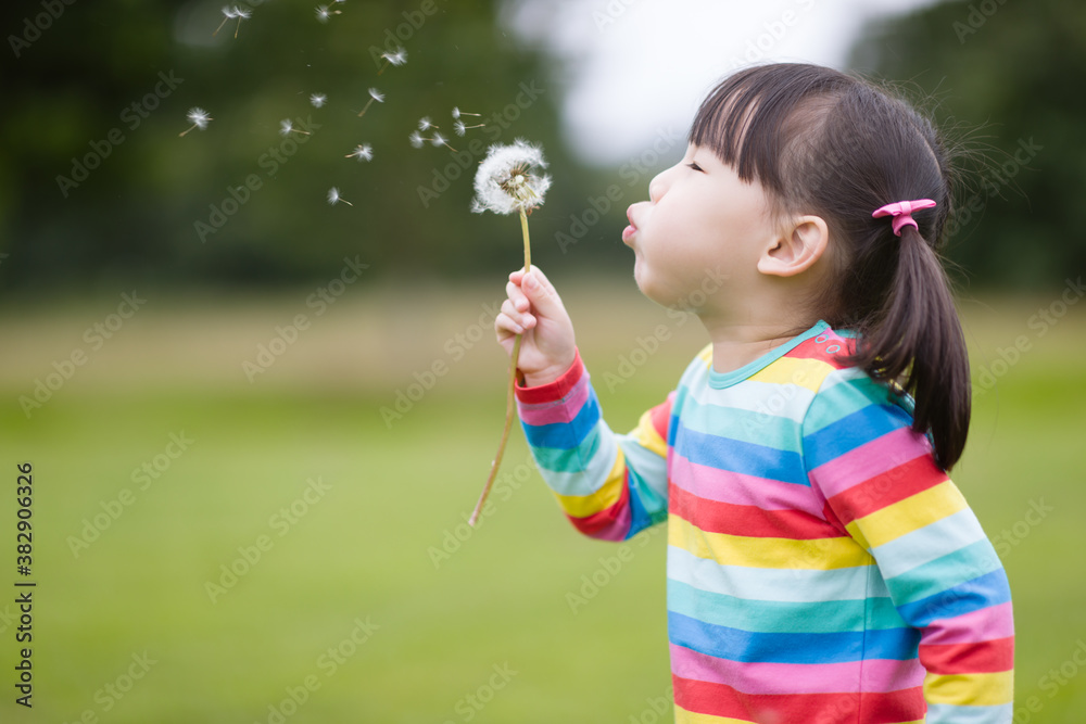 young girl plays dandelion in the summer garden morning young girl plays dandelion in the summer garden morning