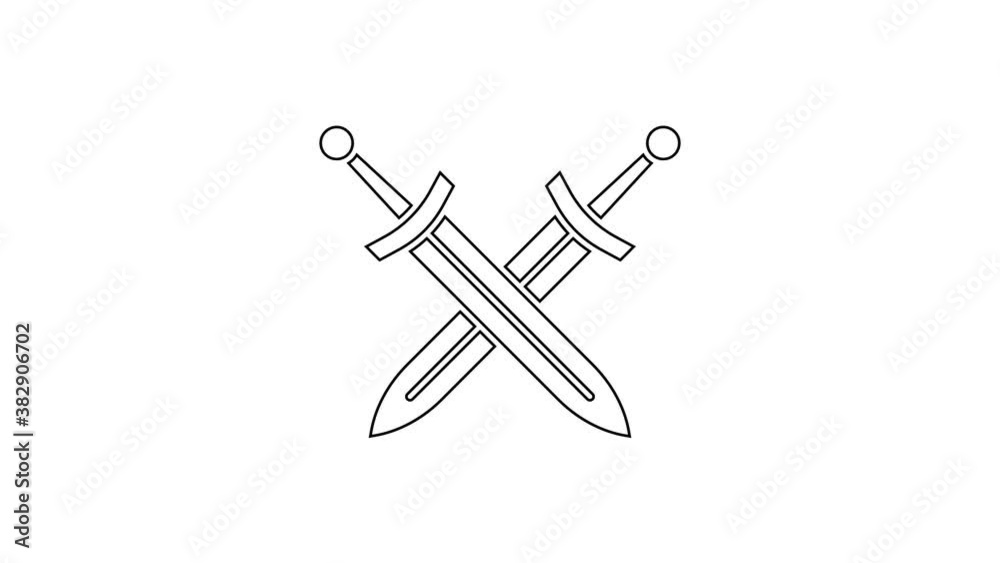Black line Crossed medieval sword icon isolated on white background. Medieval weapon. 4K Video motion graphic animation