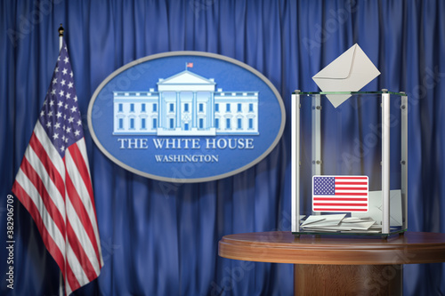 US Presidentilal Election concept. Ballot box with USA flags and sign of White House. photo