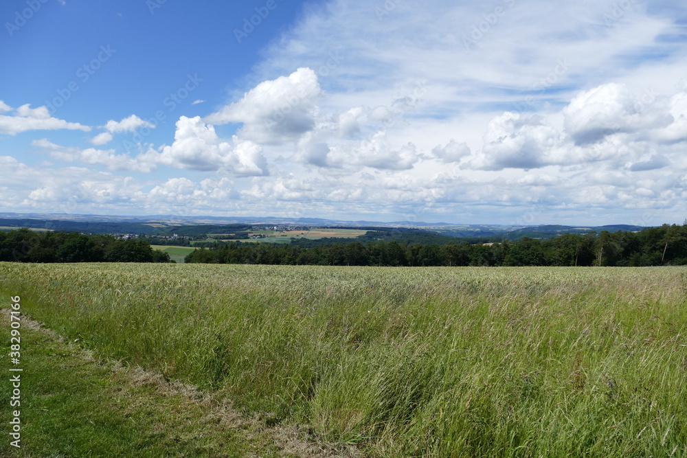Landschaften mit grünen Getreidefeldern, Himmel und Wolken im Hunsrück Landschaften mit grünen Getreidefeldern, Himmel und Wolken im Hunsrück
