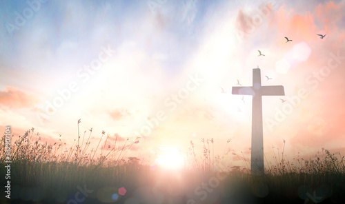 Photography Christian cross on meadow field at sunrise with birds flying for easter, hope, f