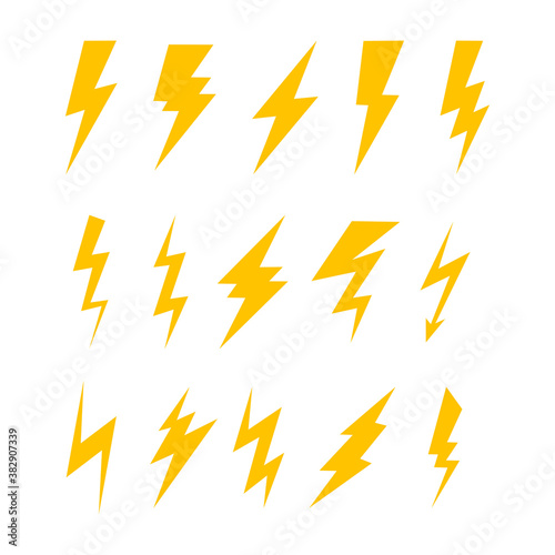 Set of Simple Yellow Lightning Icon Design, Various Thunder Bolt Sign Collection Template Vector