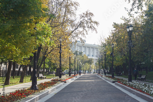 Moscow,Russia, Sep 24, 2020: Sretensky boulevard. Autumn Sunny weather, trees, flowes. Building in background