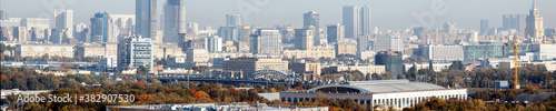 Moscow panoramic cityscape shot from Vorobyovy Gory (Sparrow Hills). Bridge on Moscow Central Circle