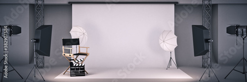 photo studio with cinema concept. Director's chair and movie clapper. 3d rendering	

