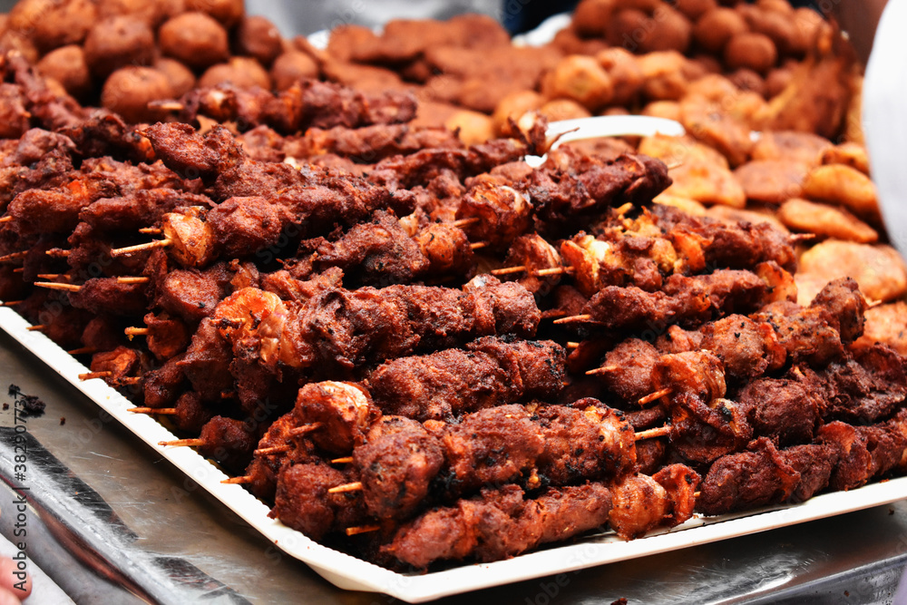 Street junk food closeup view at INDIA: Superbly Delicious shish chicken KABAB and BBQ for snack