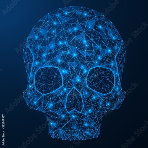 The front a human skull. The lower jaw is missing. Low-poly construction of concatenated lines and dots. Blue background.
