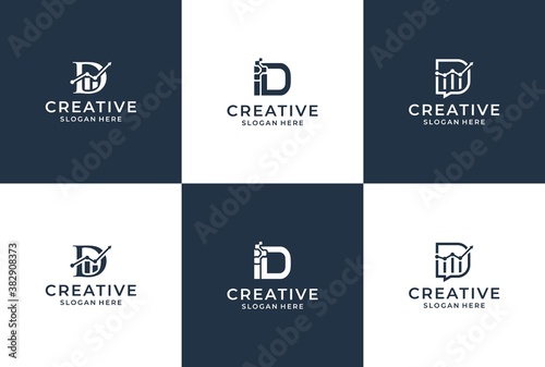 Set of letter D with growth chart bar logo design. collection of business statistic icon.