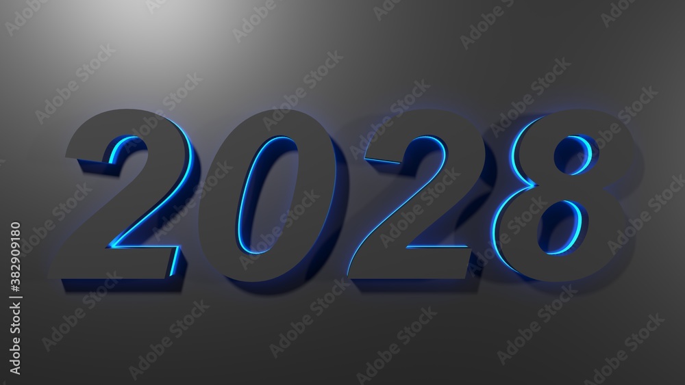 2028 black write on black surface with blue backlight - 3D rendering illustration 2028 black write on black surface with blue backlight - 3D rendering illustration