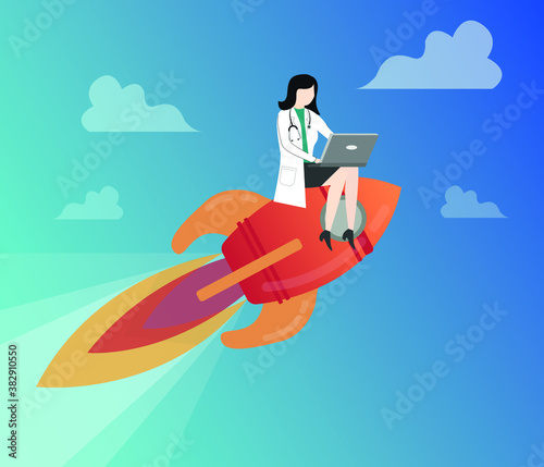 Doctor character sitting on missile. medical concept creative idea concept