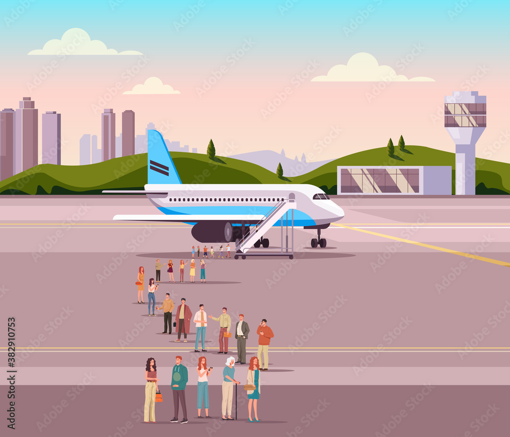 People travelers tourists waiting in line and boarding airplane. Transportation travel concept. Vector flat graphic design illustration