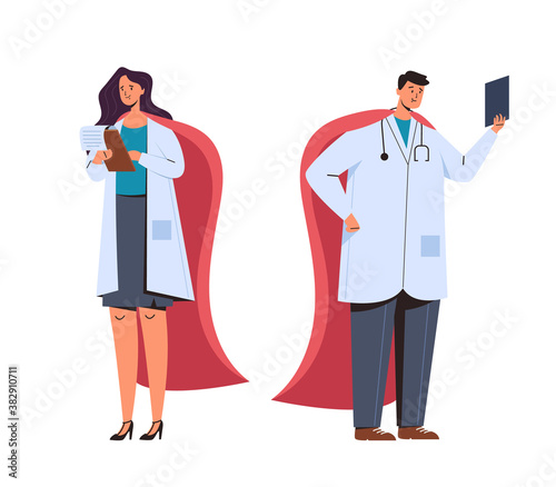 Doctors man woman characters superhero on white background. Vector flat graphic design illustration