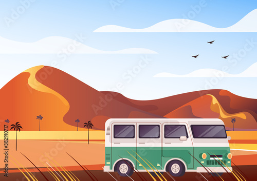 Desert safari mini bus tourism concept. Vector flat graphic design illustration © PrettyVectors