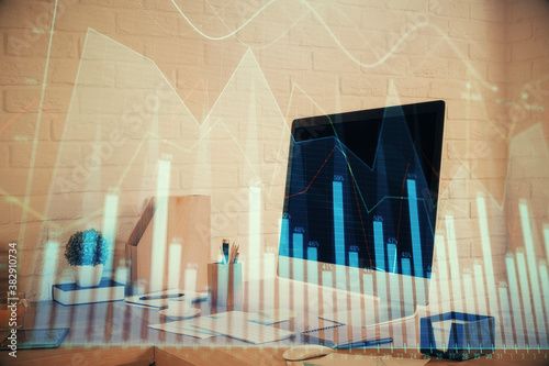 Double exposure of stock market graph drawing and office interior background. Concept of financial analysis. © peshkova