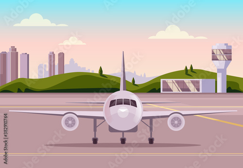 Airplane departure airport. Transportation concept. Vector flat graphic design illustration