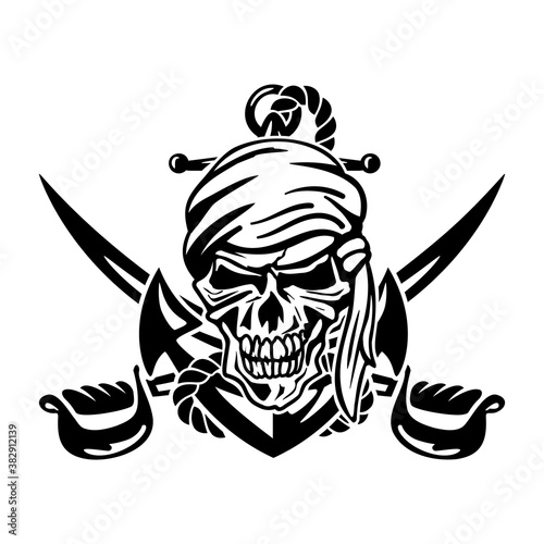 Pirate Skull with Anchor, Rope and Crossed Swords Isolated Vector Illustration