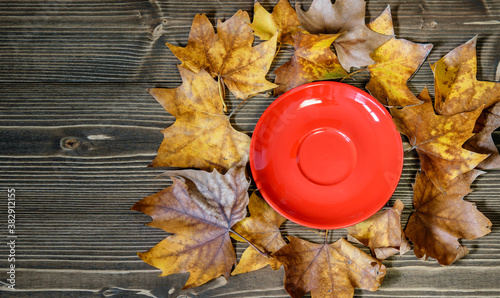 Red plate, autumnal dry maple leaves around the plate on the wooden table, top view, copy space. Seasonal fall concept.