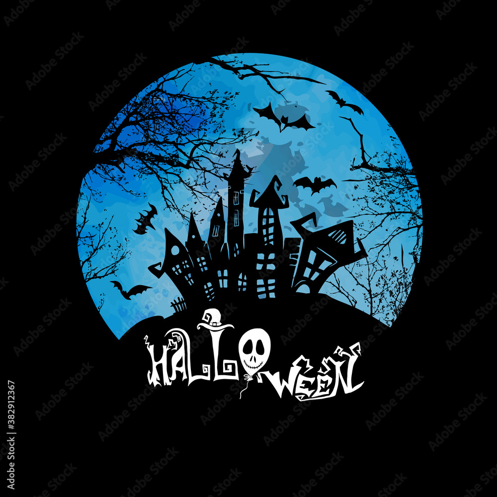 Ancient castle and moon. Flying bats. Happy Halloween. Vector illustration