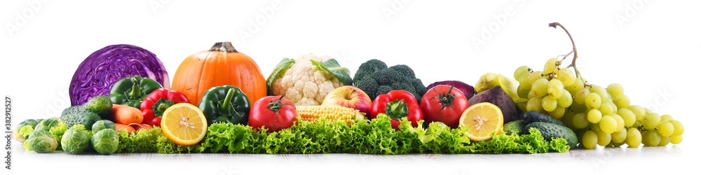 Composition with fresh vegetables and fruits isolated on white Composition with fresh vegetables and fruits isolated on white