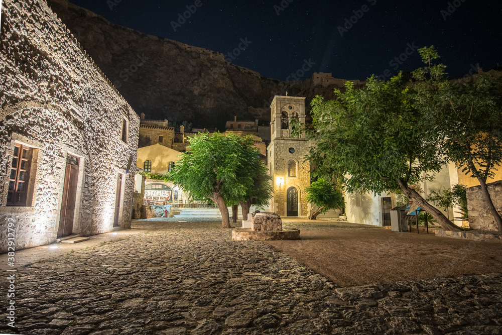 The beautiful square in the byzantine castle town of Monemvasia in Laconia at night. Peloponnese - Greece.