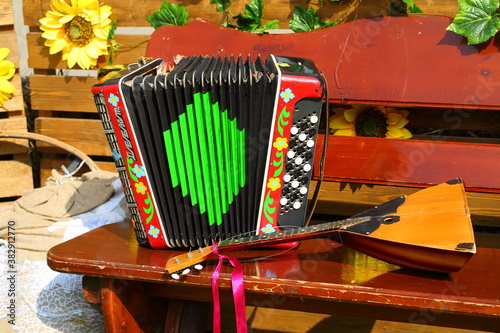 accordion on a wooden bench