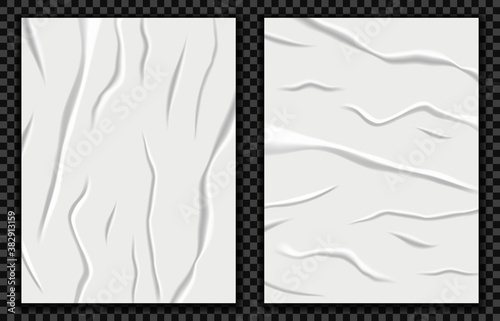 Realistic badly glued paper vector illustration. Wet crumpled poster mockup, wrinkled sheet texture, imitation crumpled paper effect