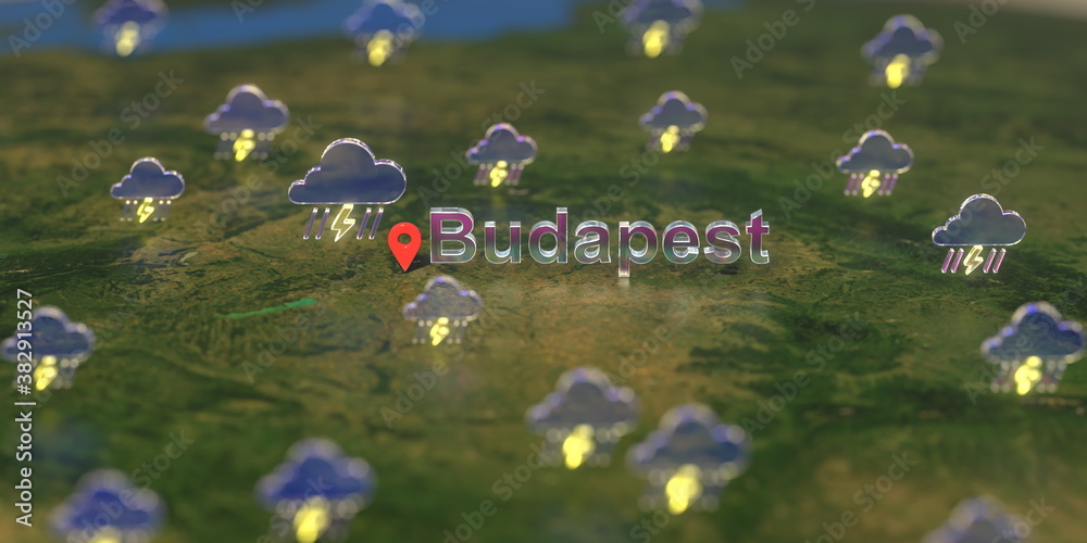 Budapest city and stormy weather icon on the map, weather forecast related 3D rendering Budapest city and stormy weather icon on the map, weather forecast related 3D rendering