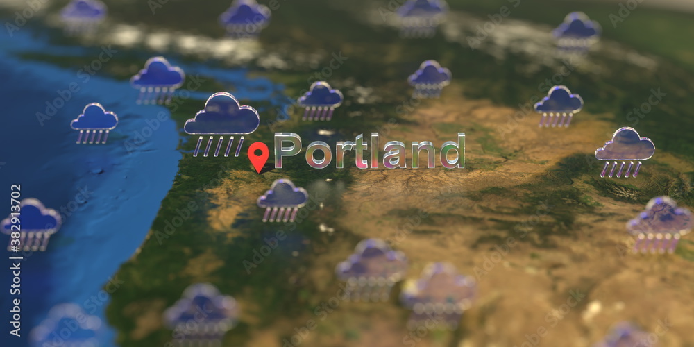 Rainy weather icons near Portland city on the map, weather forecast related 3D rendering Rainy weather icons near Portland city on the map, weather forecast related 3D rendering