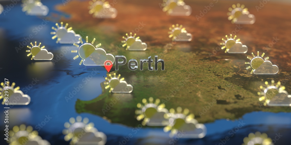 Partly cloudy weather icons near Perth city on the map, weather forecast related 3D rendering Partly cloudy weather icons near Perth city on the map, weather forecast related 3D rendering