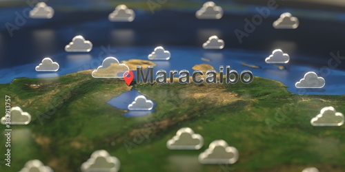 Cloudy weather icons near Maracaibo city on the map, weather forecast related 3D rendering