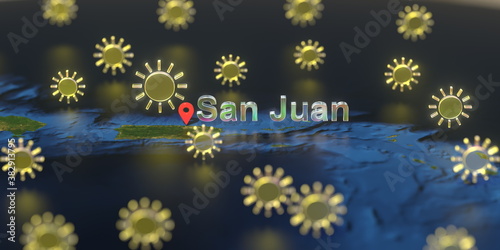 San Juan city and sunny weather icon on the map  weather forecast related 3D rendering