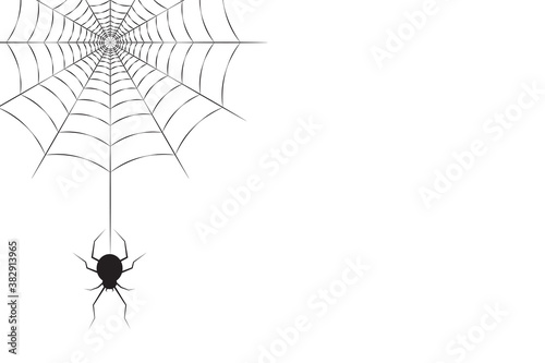 A black spider hanging on the web in the corner and free space for text or design. Halloween concept vector illustration