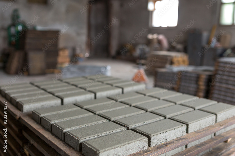 Industrial production of building materials from pressed cement mortar. High quality paving stones made of high quality cement. Finished products stacked on pallets dry after the press.