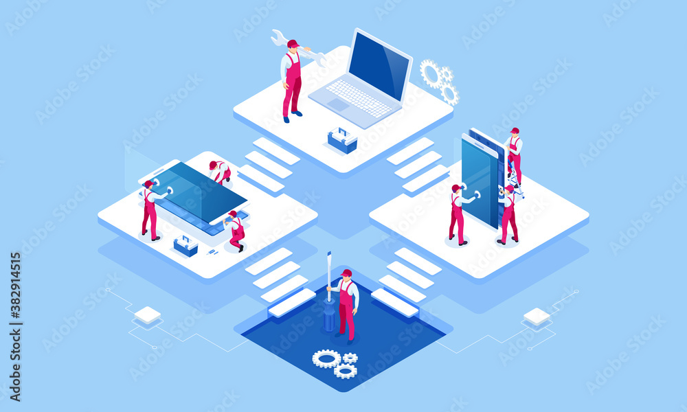Isometric smartphone repair service concept. Electronics repair service. Same day phone repair landing page website template Isometric smartphone repair service concept. Electronics repair service. Same day phone repair landing page website template