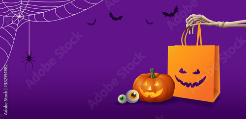 Home delivery of purchases. Halloween merchandise. A skeleton hand holds a package with an evil smile. Pumpkin jack lantern, eyes, spider webs and bats on a purple background. Jack-o'-lantern Vector