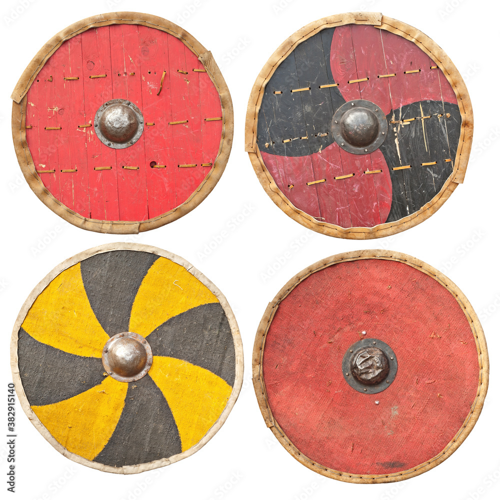 Reconstruction of an old medieval shield. Replica Viking weapon. round ...