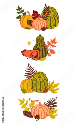 Fototapeta Naklejka Na Ścianę i Meble -  Set of vector fall arrangements with pumpkins and leaves. Autumn compositions for cards and invitations