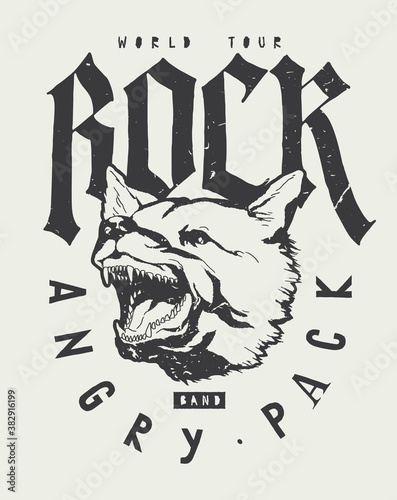 Rock band t-shirt print with angry barking dog. Vector illustration t-shirt print.